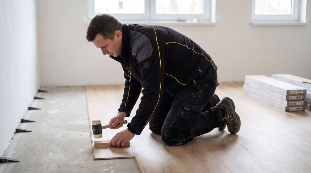 Artisan en train de poser des lames de parquet dans une pièce lumineuse